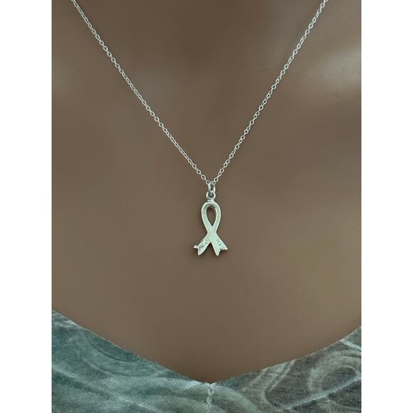 Sterling Silver Grey Awareness Ribbon Necklace - Picture 4 of 7